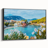 Framed canvas wall art collection showcasing a serene landscape with charming villages, featuring a sleek black frame and side view, perfect for home decoration.