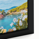 Framed canvas close-up showcasing a vibrant village landscape design, featuring rich colors and intricate details, perfect for home decor. Ideal for art enthusiasts.