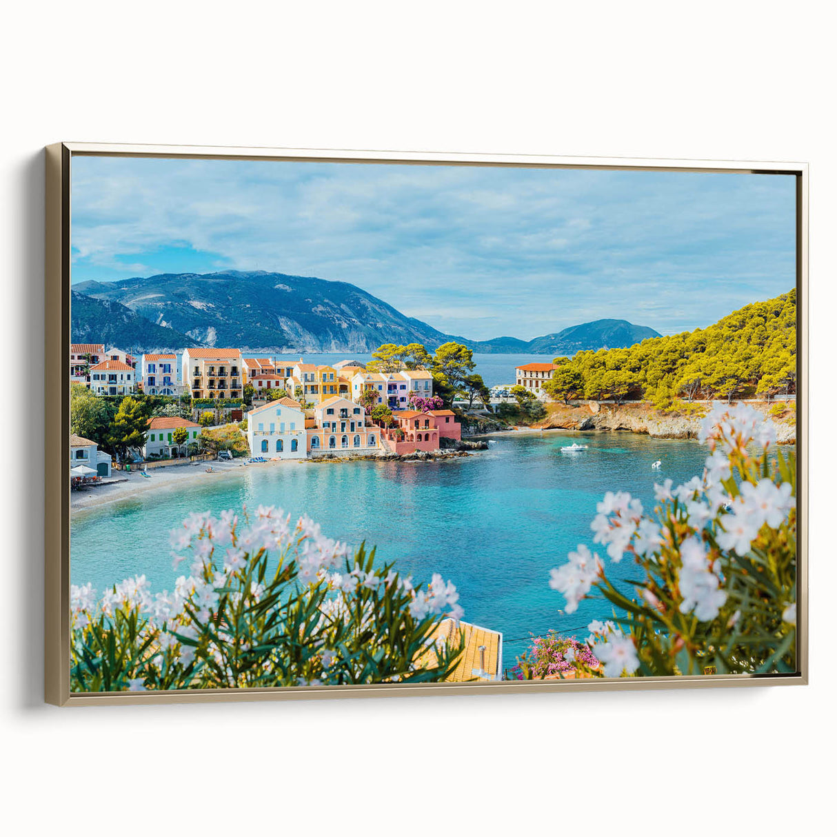 Framed canvas wall art collection showcasing a landscape village design with gold accents, presented in a stylish side view, perfect for home decor.