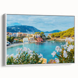 Framed canvas artwork showcasing a serene landscape village design, featuring soft pastel colors and intricate details, ideal for enhancing home decor.