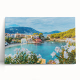 Stretched canvas artwork showcasing a vibrant landscape village scene with lush greenery and colorful houses, perfect for home decor and adding a touch of nature.