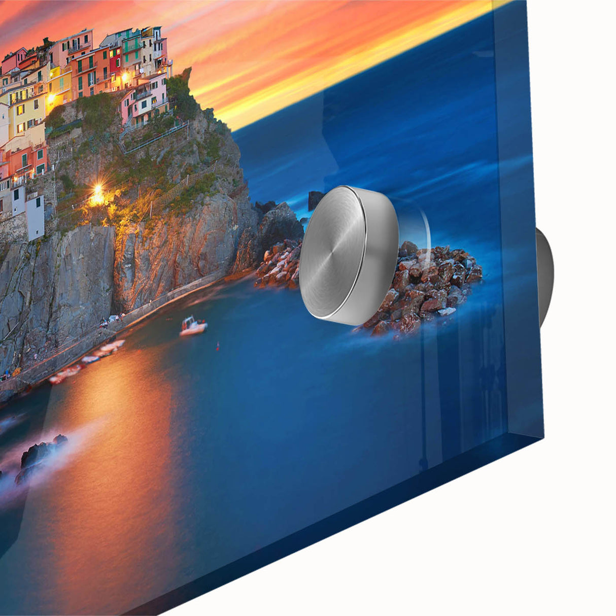 Close-up of a stunning acrylic glass wall art piece showcasing a vibrant village landscape design, featuring rich colors and intricate details, perfect for home decor.