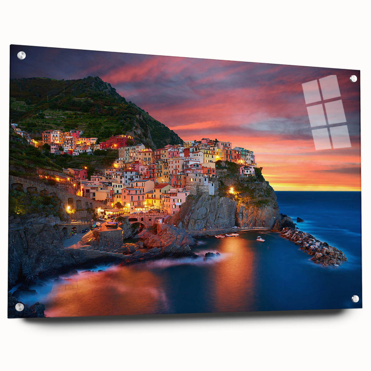 Acrylic glass wall art featuring a colorful village landscape design with intricate details, displayed from a side view, showcasing mounting pins for easy installation.
