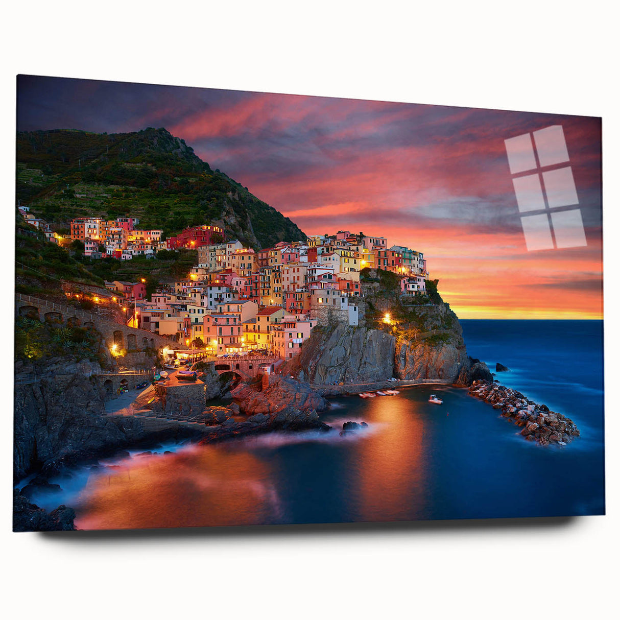 Acrylic glass wall art collection showcasing a vibrant landscape village design in a side view, highlighting its vivid colors and intricate details. Ideal for modern home decor.