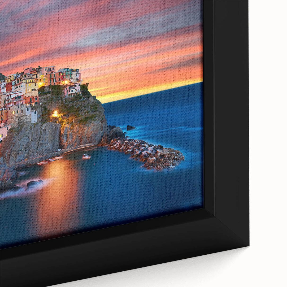 Framed canvas wall art showcasing a vibrant landscape village design, featuring rich colors and intricate details, ideal for home decor enhancement.