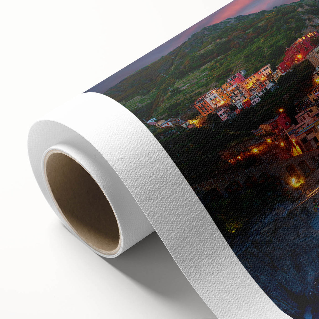 Rolled canvas art print showcasing a serene landscape of a quaint village, featuring lush greenery and soft colors, ideal for home decor or art enthusiasts.