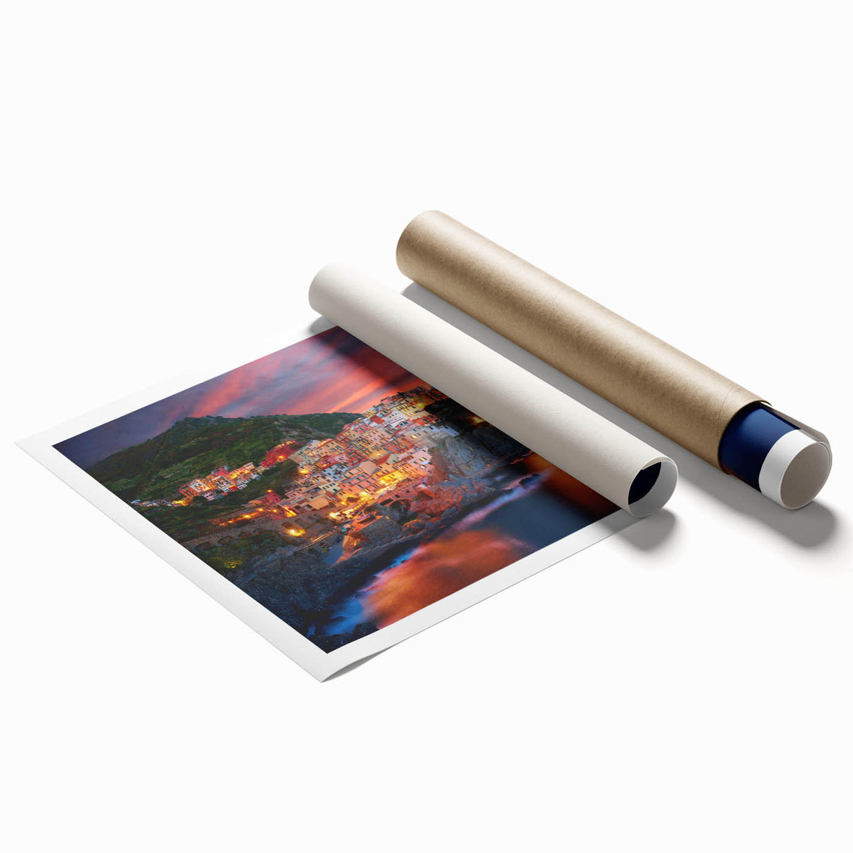 Rolled print showcasing a vibrant landscape village design with intricate details, ideal for home decor. Packaged securely in a durable cardboard tube for safe delivery.