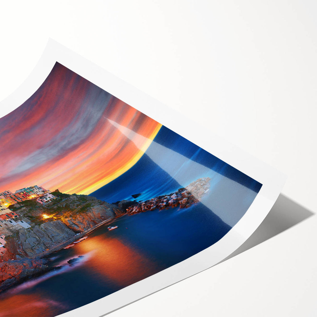 Scenic rolled canvas print showcasing a vibrant village landscape design with lush greenery and colorful houses, ideal for enhancing home decor.