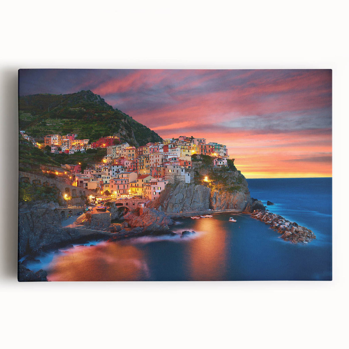 Stretched canvas wall art showcasing a vibrant village landscape design with rich colors and intricate details, perfect for home decor enhancement.