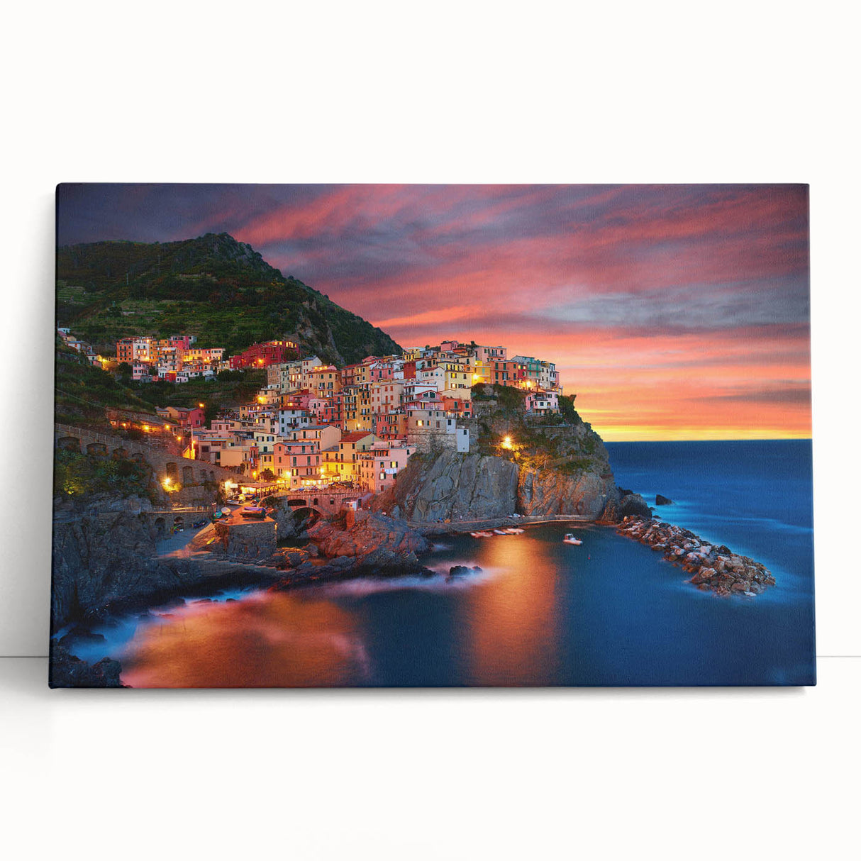 Stretched canvas artwork showcasing a vibrant village landscape design, featuring rich colors and detailed imagery, ideal for modern home decor.