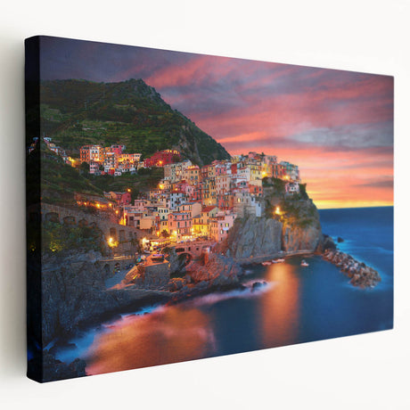 Stretched canvas wall art showcasing a vibrant village landscape design, featuring lush greenery and colorful homes, perfect for enhancing interior decor and adding a touch of nature.