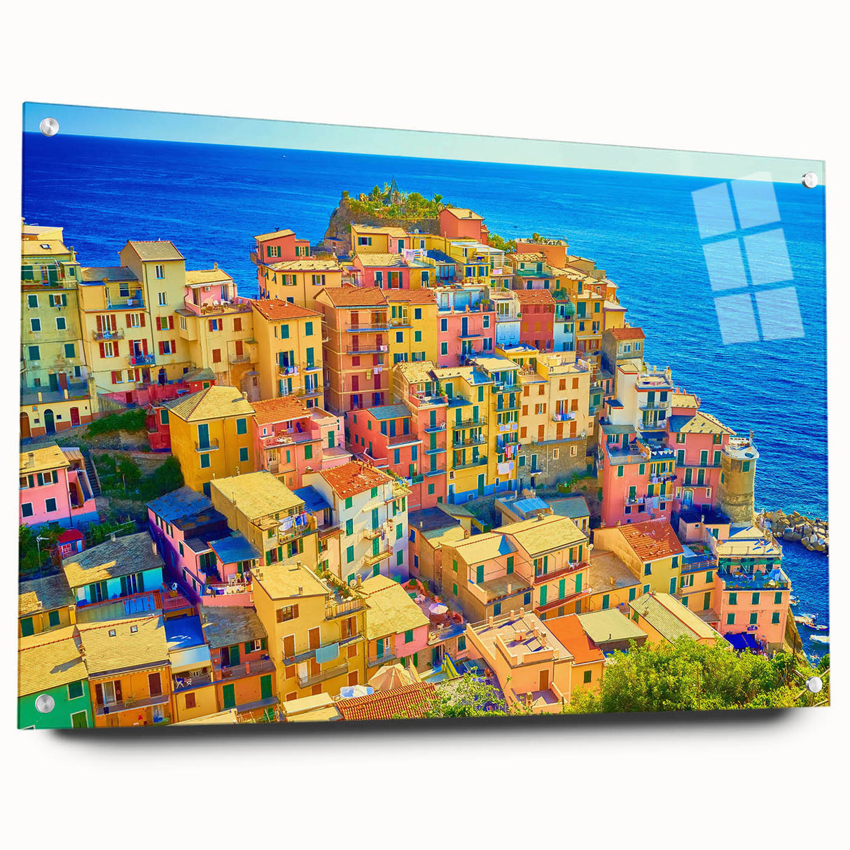 Side view of a stunning acrylic glass wall art piece showcasing a picturesque village landscape, featuring vibrant colors and intricate details, ideal for home decor.