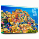 Acrylic glass wall art showcasing a serene village landscape design, featuring soft pastel colors and intricate details, ideal for home decor enhancement.