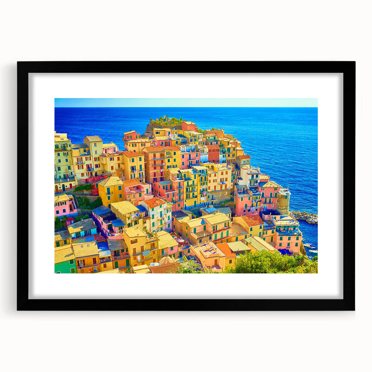 Framed wall art featuring a serene landscape village design with a black mat and frame, ideal for home decor, enhancing interior aesthetics and ambiance.