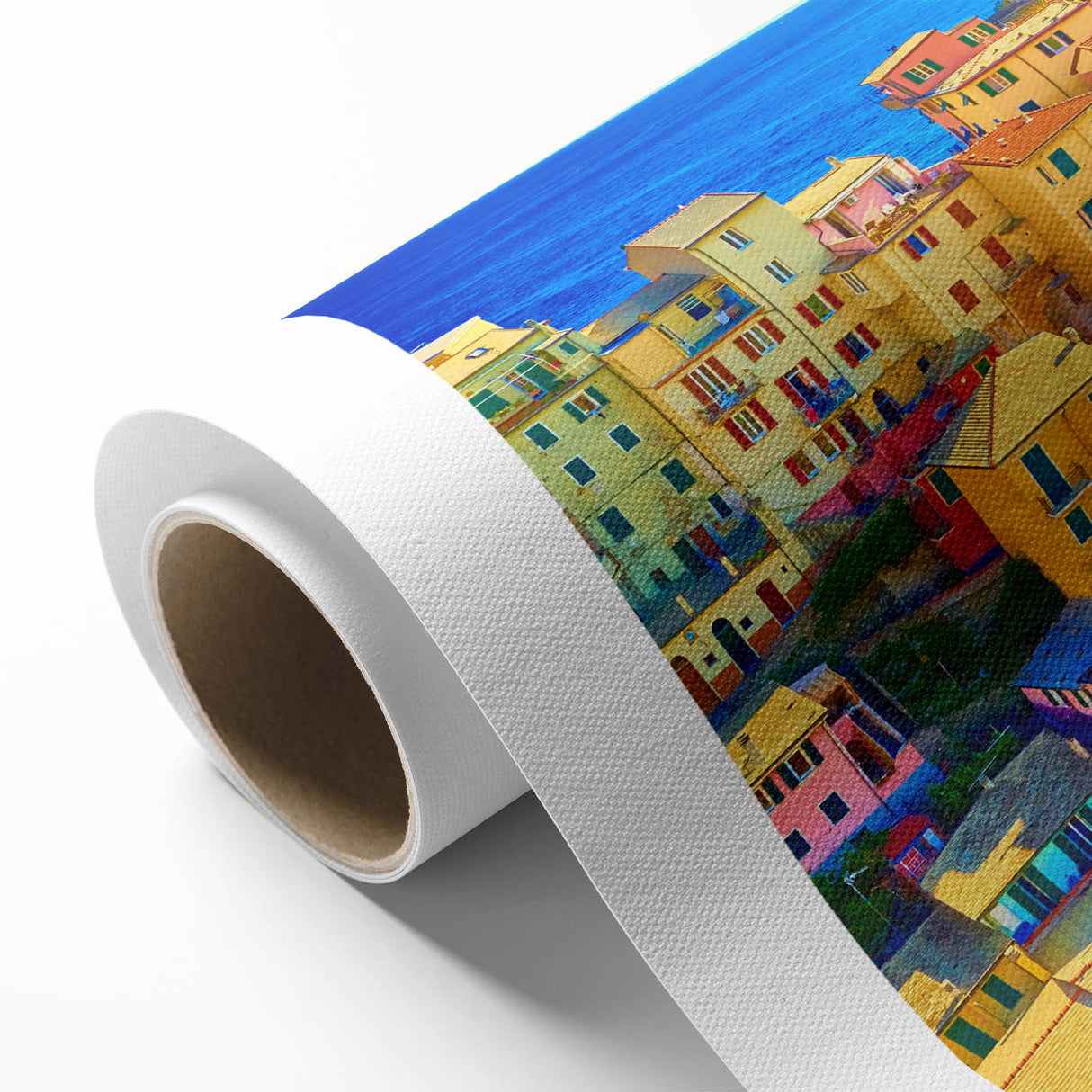Rolled canvas artwork showcasing a vibrant village landscape design with rich colors and detailed textures, ideal for home decor or artistic display.