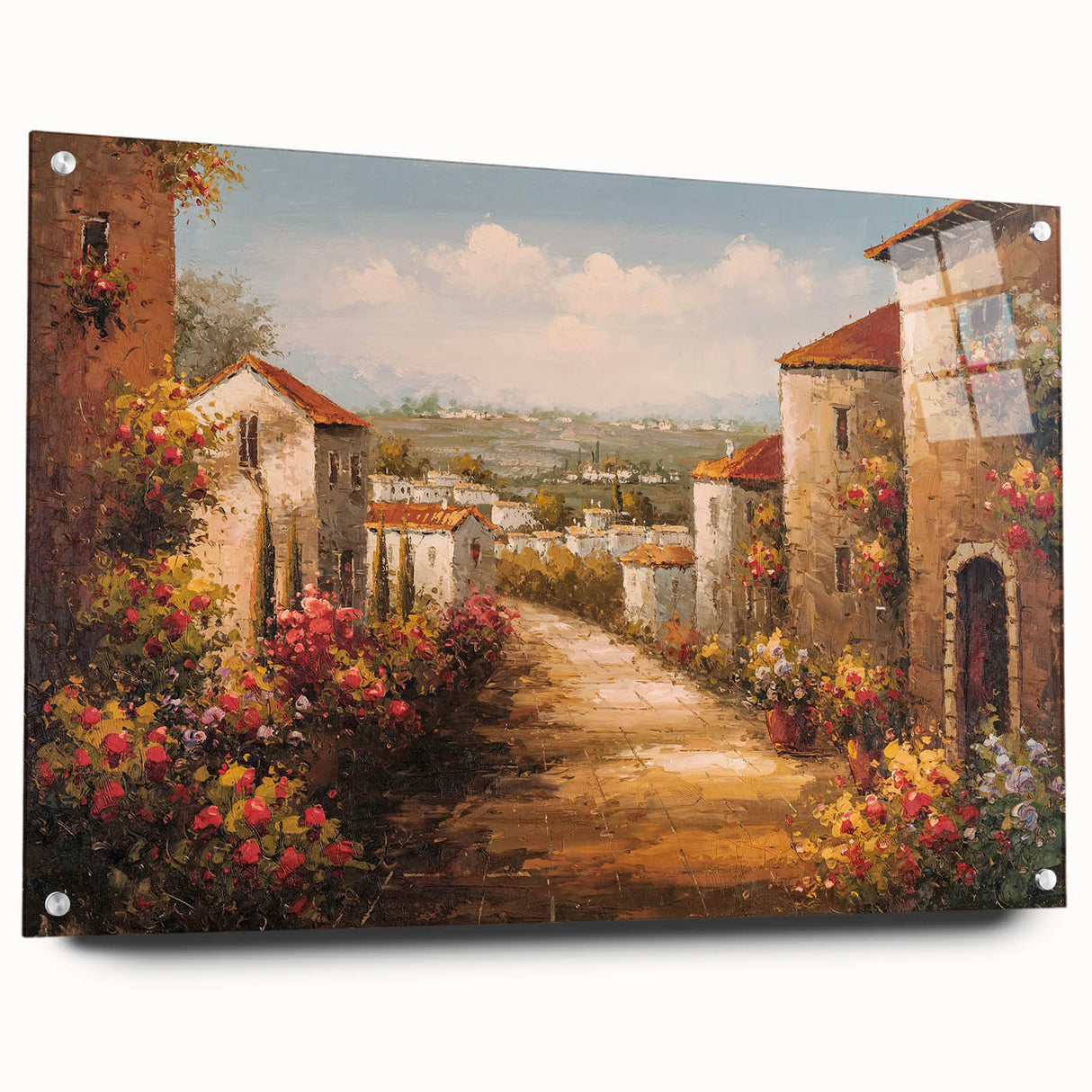 Acrylic glass wall art collection showcasing a vibrant landscape village design, featuring rich colors and intricate details, mounted on a side view display with pins.