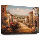 Acrylic glass wall art collection showcasing a vibrant landscape and village design in a side view, perfect for modern home decor. The artwork features rich colors and intricate details, enhancing any interior space with its captivating imagery. Ideal for art enthusiasts seeking unique decorative pieces.