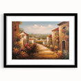 Framed wall art collection showcasing a vibrant landscape and village design, featuring a sleek black frame with a mat, ideal for home decor enhancement.