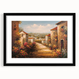 Framed wall art collection showcasing a vibrant landscape and village design, featuring a sleek black frame with a mat, ideal for home decor enhancement.