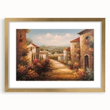 Elegant gold-framed wall art showcasing a serene village landscape design, featuring lush greenery and soft pastel colors, perfect for home decor and interior styling.