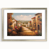 Framed landscape wall art collection showcasing serene village scenes in vibrant colors, set in a silver frame with a mat, perfect for home decor.