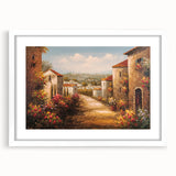 Framed landscape wall art collection showcasing serene village scenes, featuring a white mat and modern design, perfect for home decor enhancements.