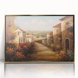 Framed acrylic wall art showcasing a vibrant landscape village design with gold accents, perfect for enhancing modern home decor and adding a touch of elegance.