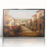 Framed acrylic wall art showcasing a serene landscape village design in silver tones, perfect for modern home decor. Adds elegance and tranquility to any space.