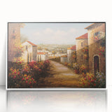 Framed acrylic wall art depicting a serene village landscape design, featuring soft pastel colors and intricate details, perfect for home decor enhancement.