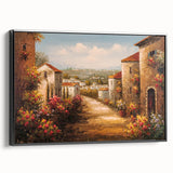 Framed canvas wall art showcasing a vibrant village landscape design with colorful details, set against a sleek black frame, ideal for home decor enhancement.