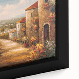 Close-up of a beautifully framed canvas wall art collection showcasing vibrant landscapes and charming villages, designed to enhance home decor with a touch of nature.