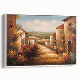 Framed canvas wall art collection showcasing serene landscapes and charming villages in soft pastel colors, displayed from a white side view. Perfect for home decor.