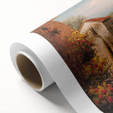 Rolled canvas wall art showcasing a vibrant village landscape with lush greenery and colorful houses, ideal for home decor and artistic enhancement.