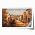 Rolled print of a vibrant landscape village design showcasing colorful houses and lush greenery, perfect for home decor. Packaged securely for safe delivery.