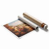 Rolled print of a vibrant landscape village design wall art featuring rich colors and intricate details, ideal for home decor, packaged securely for shipping.