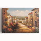 Stretched canvas wall art collection showcasing serene landscapes and charming villages, featuring vibrant colors and intricate details, perfect for home decor.
