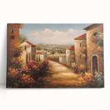 Stretched canvas wall art collection showcasing vibrant village landscapes, featuring lush greenery and charming cottages, perfect for home decor.