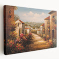 Stretched canvas artwork showcasing a vibrant landscape village design, featuring lush greenery and charming cottages, ideal for home décor and enhancing living spaces.