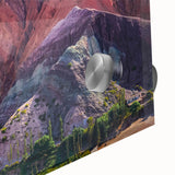 Close-up of a vibrant acrylic glass wall art piece showcasing a colorful village landscape design, featuring lush greenery and charming homes, ideal for home decor.