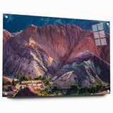 Acrylic glass wall art collection showcasing a vibrant landscape of a village, featuring colorful houses and greenery, displayed from a side view with decorative pins for easy hanging. Ideal for home decor.