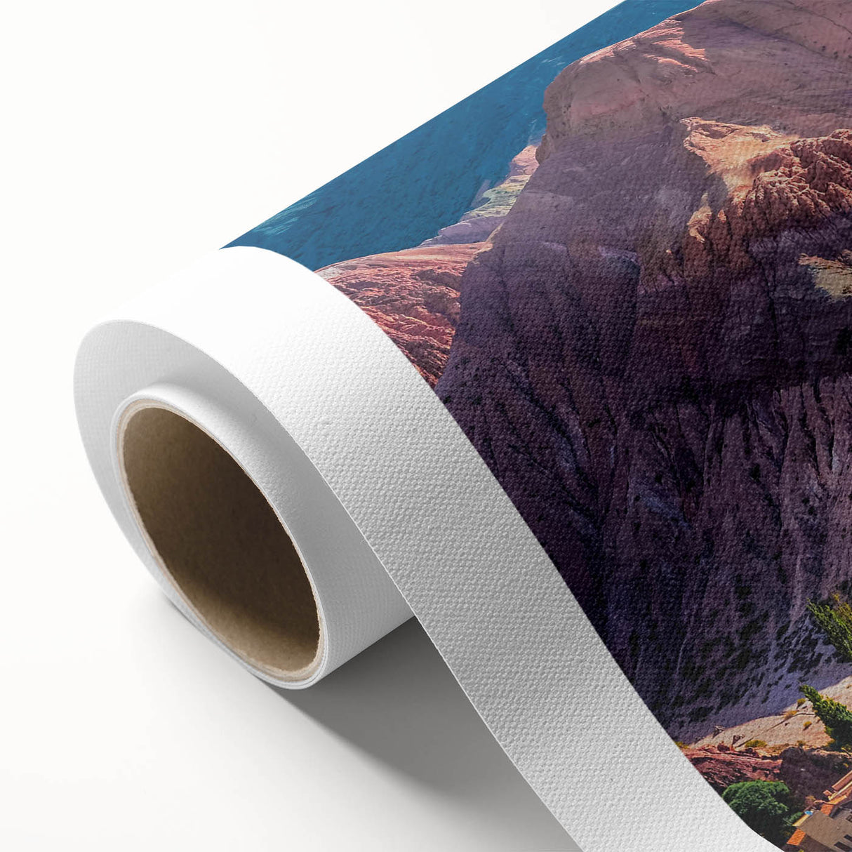 Rolled canvas featuring a vibrant landscape village design, showcasing rich colors and intricate details, ideal for home decor and artistic display.