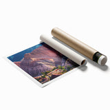 Rolled print of a serene landscape featuring a quaint village scene, showcasing vibrant colors and intricate details, perfect for home decor enhancement.