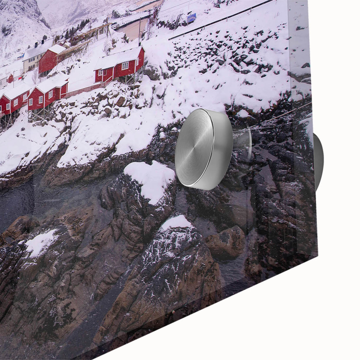 Close-up of a vibrant acrylic glass wall art piece showcasing a picturesque village landscape, featuring rich colors and intricate details, perfect for home decor.