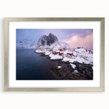 Framed wall art showcasing a serene landscape of quaint villages, designed with a silver mat border, ideal for enhancing home decor and creating a tranquil atmosphere.