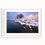 Framed landscape wall art collection showcasing serene village scenes, featuring a white mat and sleek frame, ideal for modern home decor.