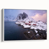 Framed canvas wall art showcasing a serene village landscape design with lush greenery and a blue sky, elegantly displayed with a white frame for modern decor.