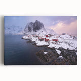 Stretched canvas wall art showcasing a vibrant landscape of a charming village, featuring lush greenery and colorful houses under a bright blue sky, perfect for home decor.