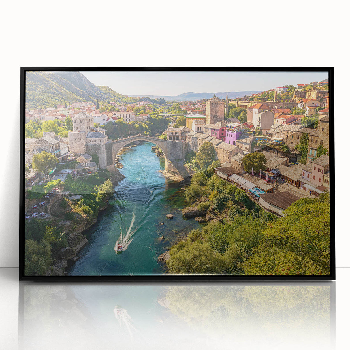 Framed wall art collection showcasing a vibrant landscape and village design, featuring black acrylic framing and a sleek front view, ideal for home decor.