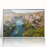 Framed wall art collection showcasing vibrant landscape village designs, featuring a sleek white frame and acrylic front, perfect for modern home decor.