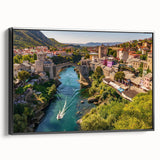 Framed canvas wall art showcasing a vibrant landscape design of a village, featuring rich colors and intricate details, presented from a side view. Ideal for home decor.